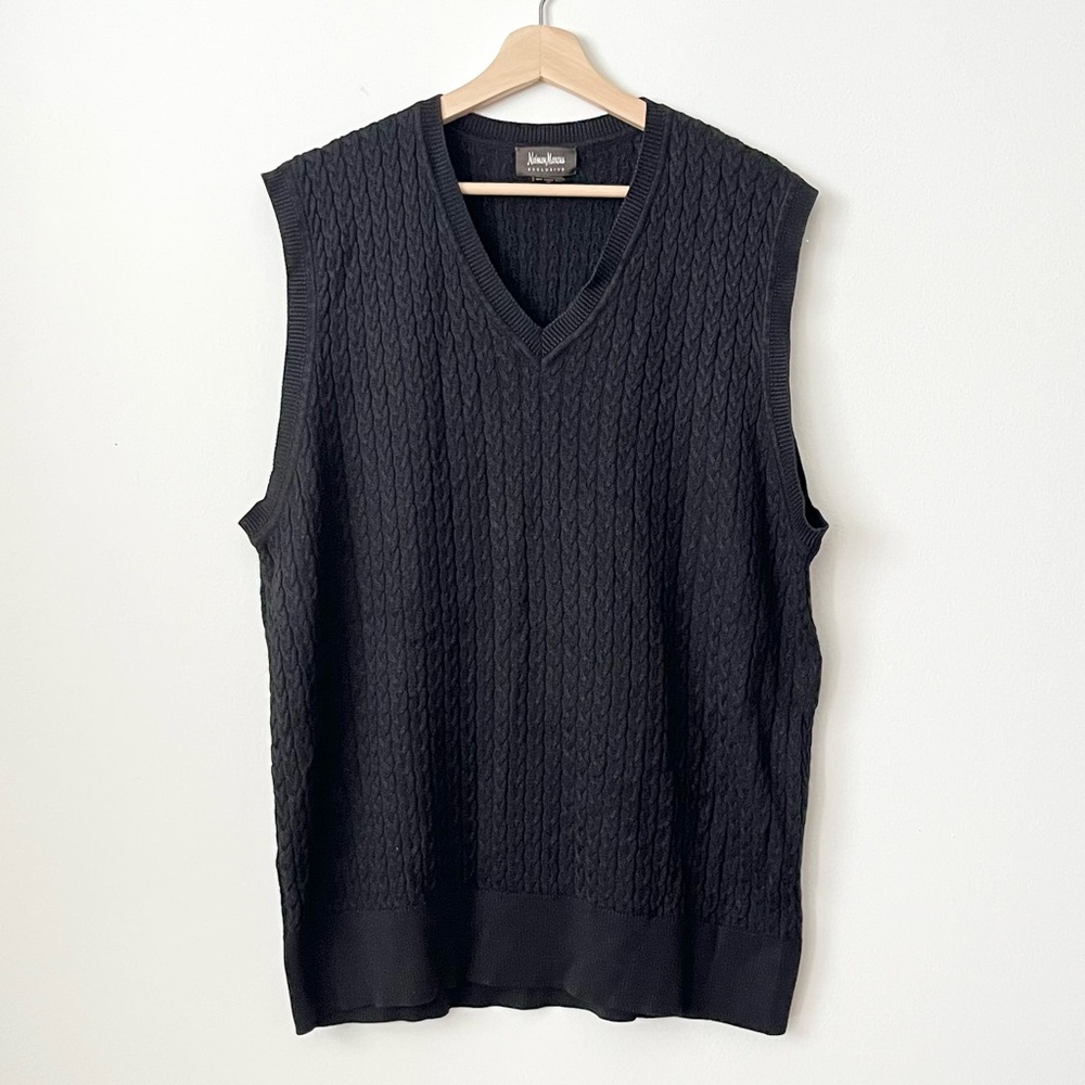 Neiman Marcus Exclusive Men's 100% Silk Cable Knit Sweater Vest XL Black V-Neck